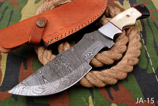 AW-015 "The Guide" Handmade Damascus Steel Hunting & Field Knife with Finger Choil and White Bone Handle