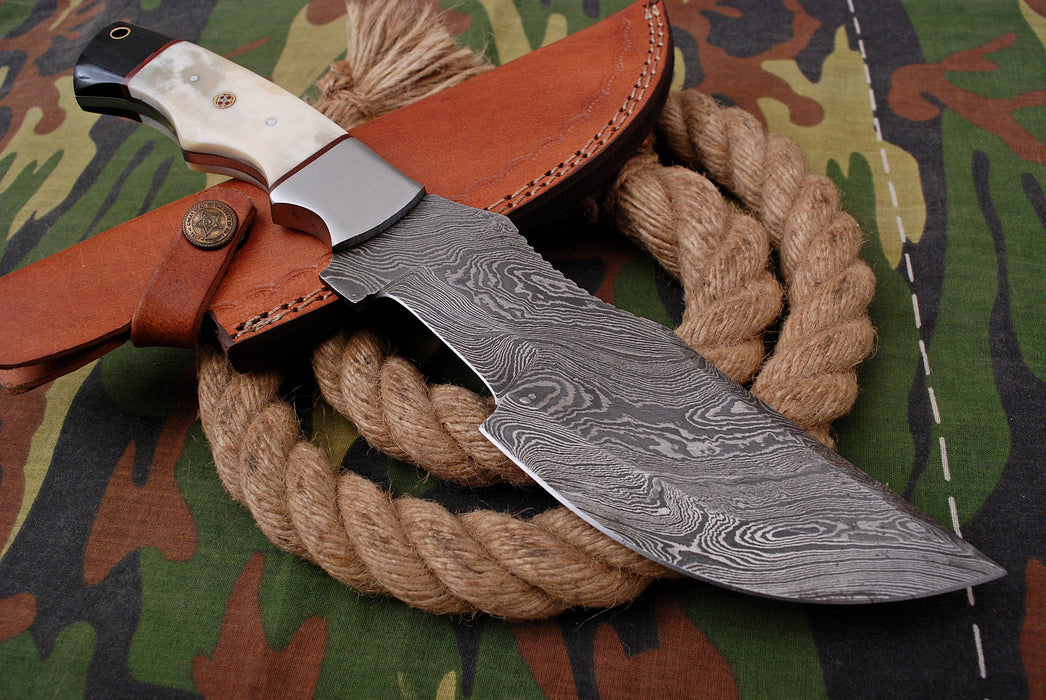 AW-015 "The Guide" Handmade Damascus Steel Hunting & Field Knife with Finger Choil and White Bone Handle