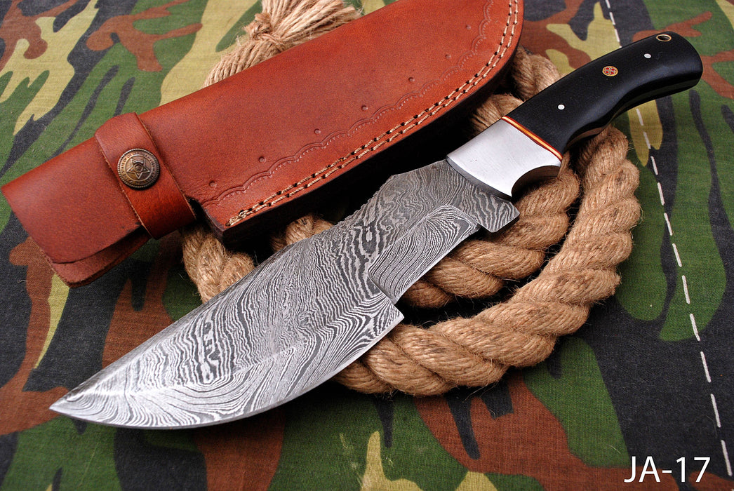 AW-017 "The Stalker" Handmade Damascus Steel Drop Point Hunting Knife with Black Micarta Handle