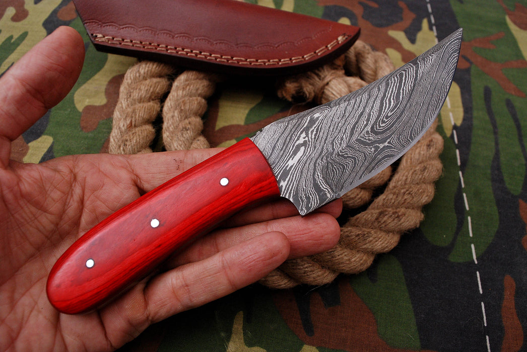 AW-018 "The Crimson Hunter" Handmade Damascus Steel Drop Point Hunting Knife with Red Handle
