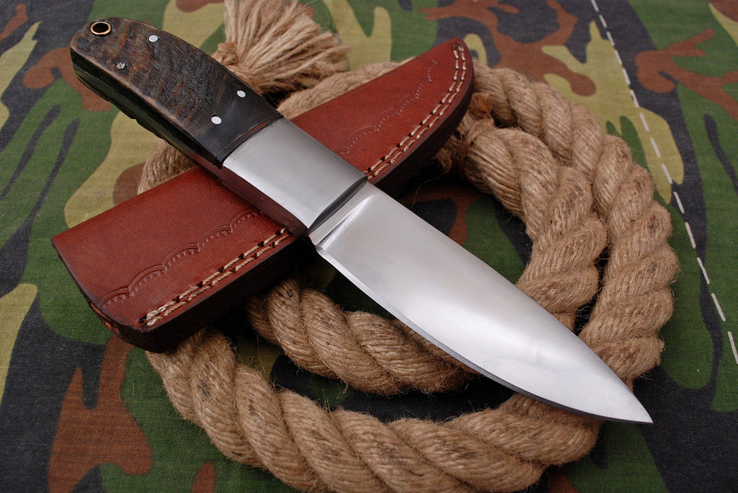 AW-019 "The Guide II" Handmade High-Polished Steel Hunting Knife with Dark Wood or Micarta Handle