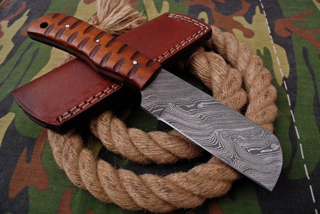 AW-020 "The Butcher Block" Handmade Damascus Steel Wide-Blade Cleaver/Bull Cutter Knife with Carved Wood Handle