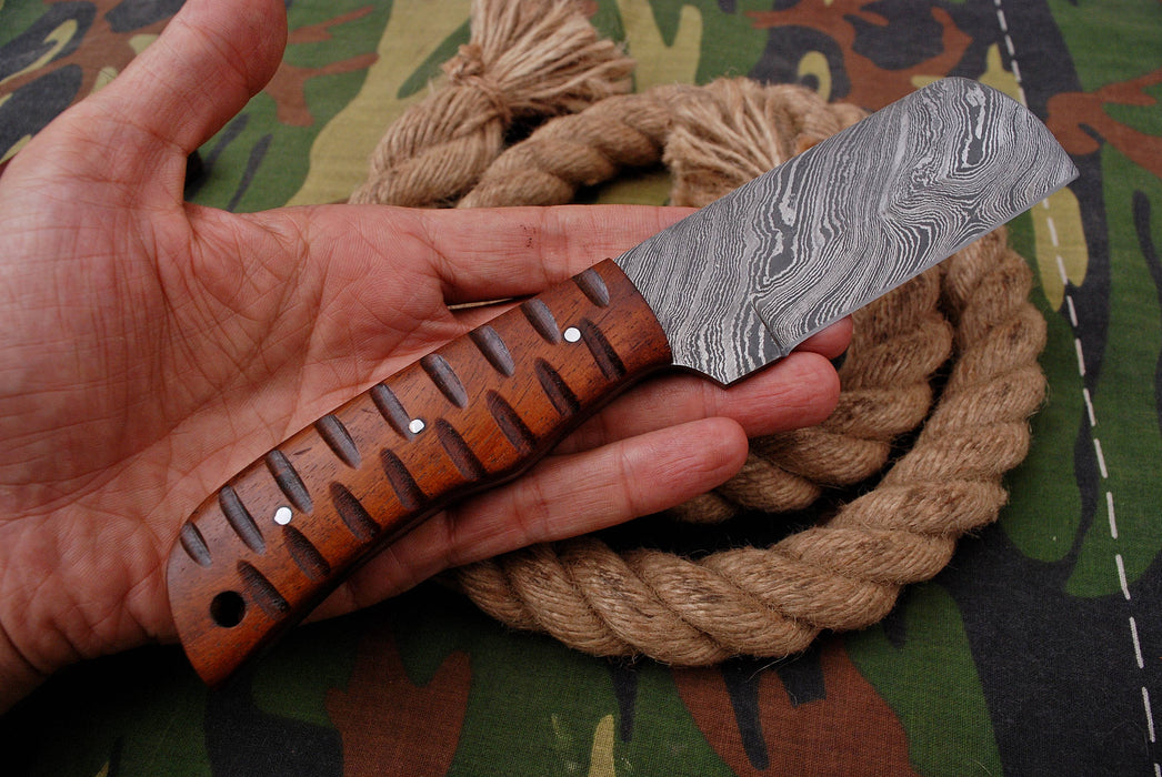AW-020 "The Butcher Block" Handmade Damascus Steel Wide-Blade Cleaver/Bull Cutter Knife with Carved Wood Handle