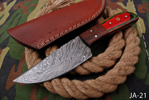 AW-021 "The Forest Fire" Handmade Damascus Steel Hunting & Field Knife with Red & Green Wood Handle