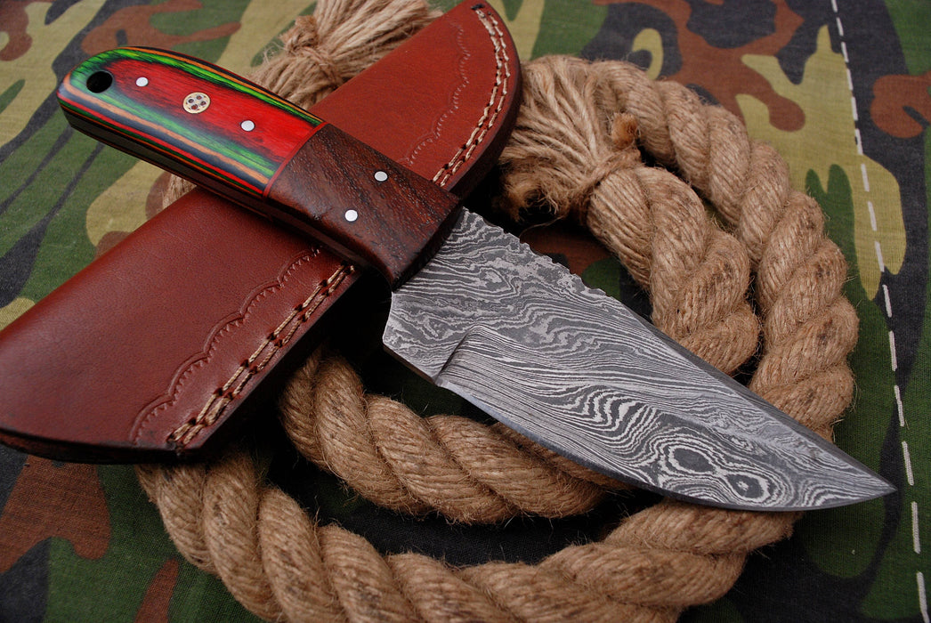 AW-021 "The Forest Fire" Handmade Damascus Steel Hunting & Field Knife with Red & Green Wood Handle
