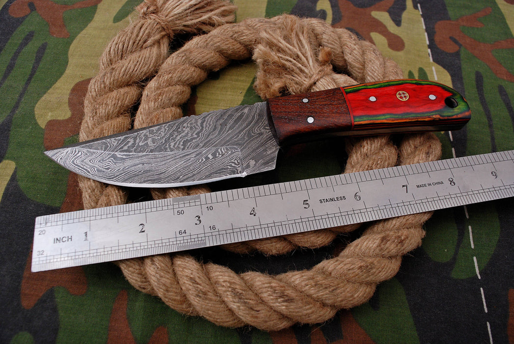 AW-021 "The Forest Fire" Handmade Damascus Steel Hunting & Field Knife with Red & Green Wood Handle