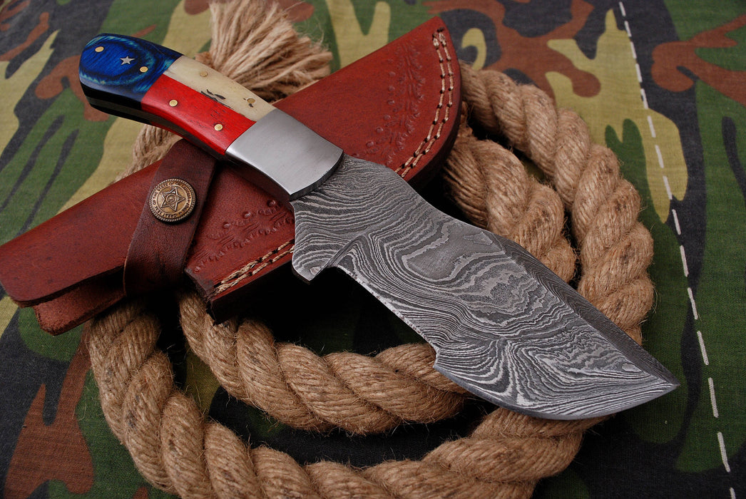 AW-022 "The Patriot" Handmade Damascus Steel Drop Point Hunting Knife with American Flag Handle