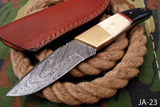 AW-023 "The Pathfinder" Handmade Damascus Steel Hunting & Survival Knife with Saw-back Spine, Brass Bolster, and Bone/Horn Handle