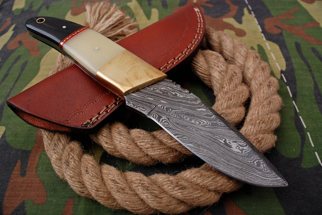 AW-023 "The Pathfinder" Handmade Damascus Steel Hunting & Survival Knife with Saw-back Spine, Brass Bolster, and Bone/Horn Handle