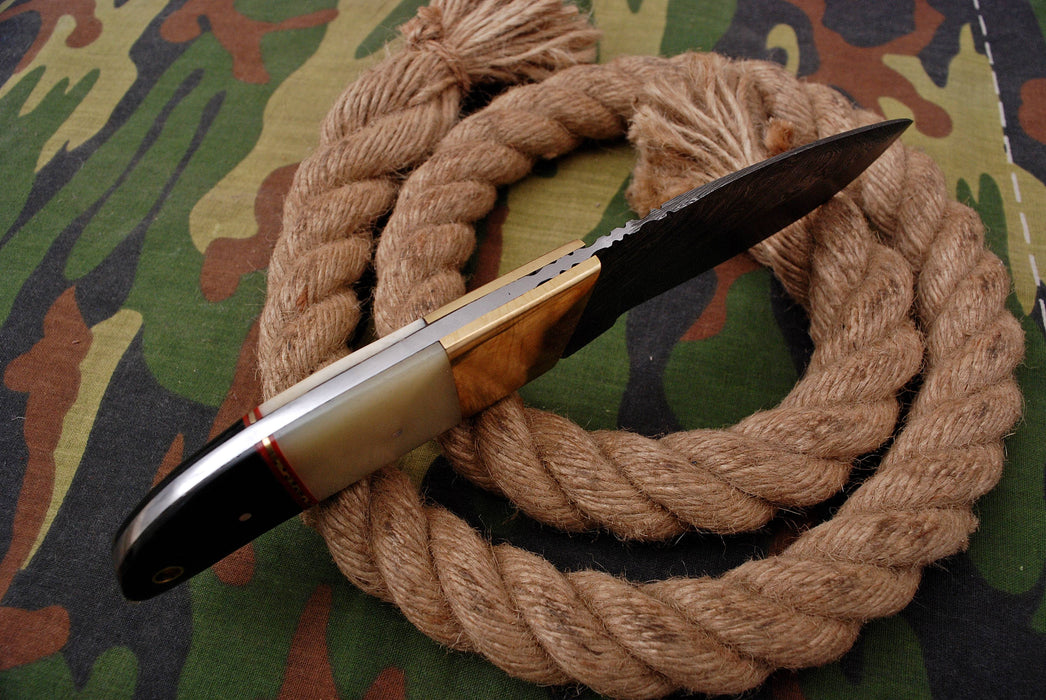 AW-023 "The Pathfinder" Handmade Damascus Steel Hunting & Survival Knife with Saw-back Spine, Brass Bolster, and Bone/Horn Handle