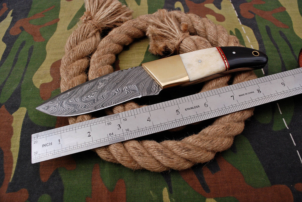 AW-023 "The Pathfinder" Handmade Damascus Steel Hunting & Survival Knife with Saw-back Spine, Brass Bolster, and Bone/Horn Handle