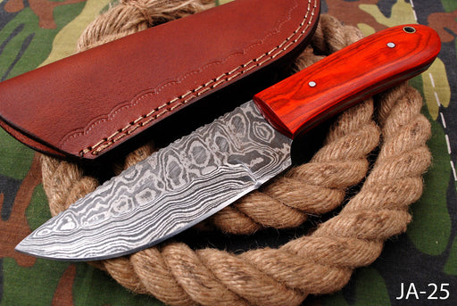 AW-025 "The Firebird" Handmade Damascus Steel Drop Point Hunting Knife with Red Wood Handle and Leather Sheath