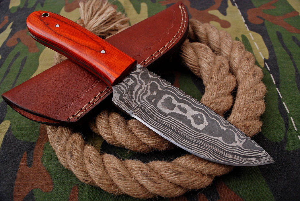 AW-025 "The Firebird" Handmade Damascus Steel Drop Point Hunting Knife with Red Wood Handle and Leather Sheath