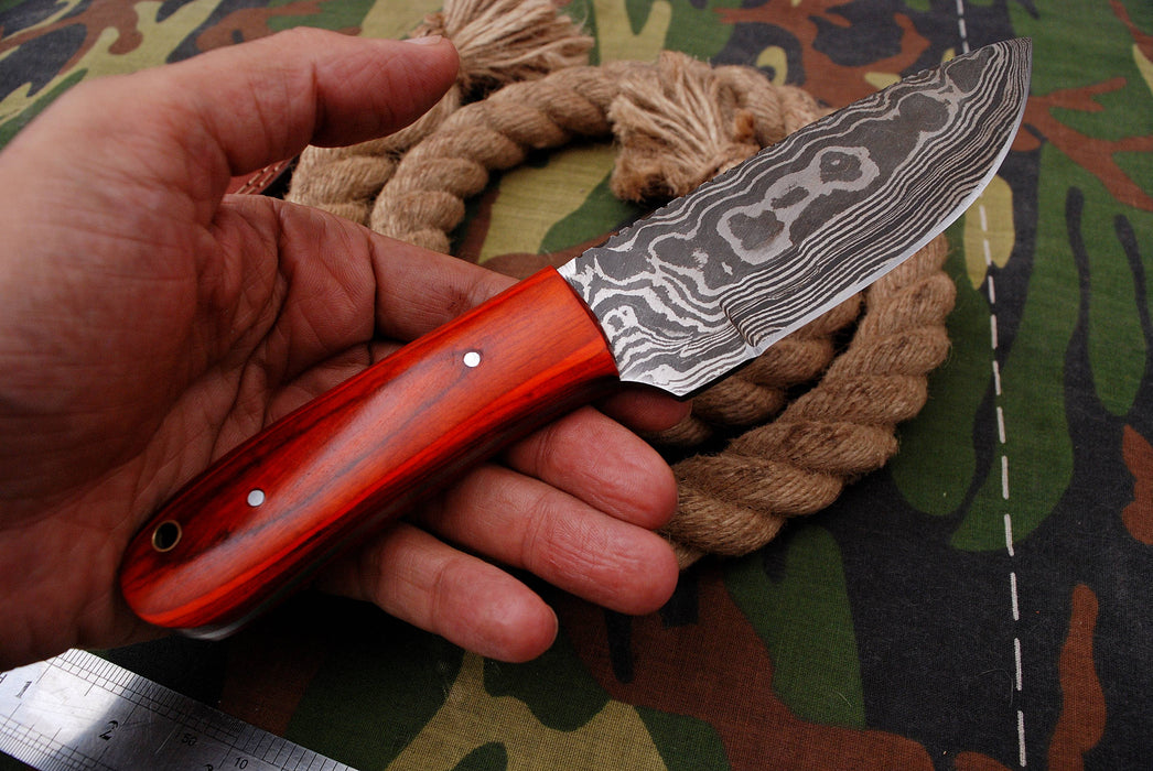 AW-025 "The Firebird" Handmade Damascus Steel Drop Point Hunting Knife with Red Wood Handle and Leather Sheath