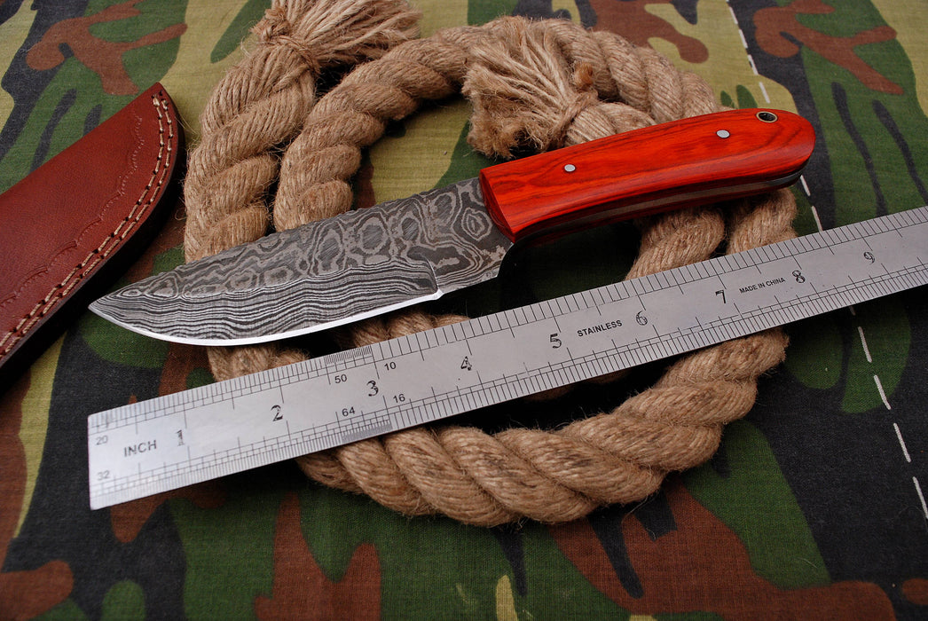 AW-025 "The Firebird" Handmade Damascus Steel Drop Point Hunting Knife with Red Wood Handle and Leather Sheath