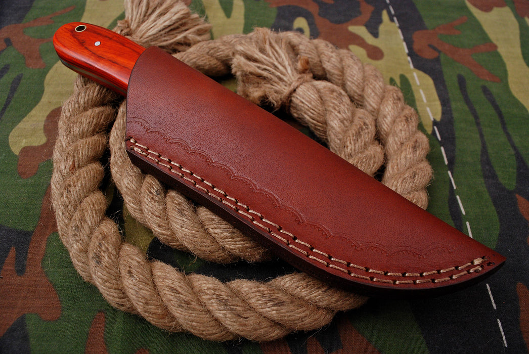 AW-025 "The Firebird" Handmade Damascus Steel Drop Point Hunting Knife with Red Wood Handle and Leather Sheath