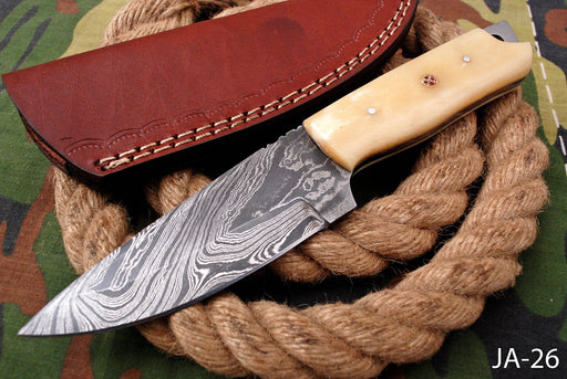 AW-026 "The Plainsman" Handmade Damascus Steel Drop Point Hunting Knife with Genuine Bone Handle and Leather Sheath