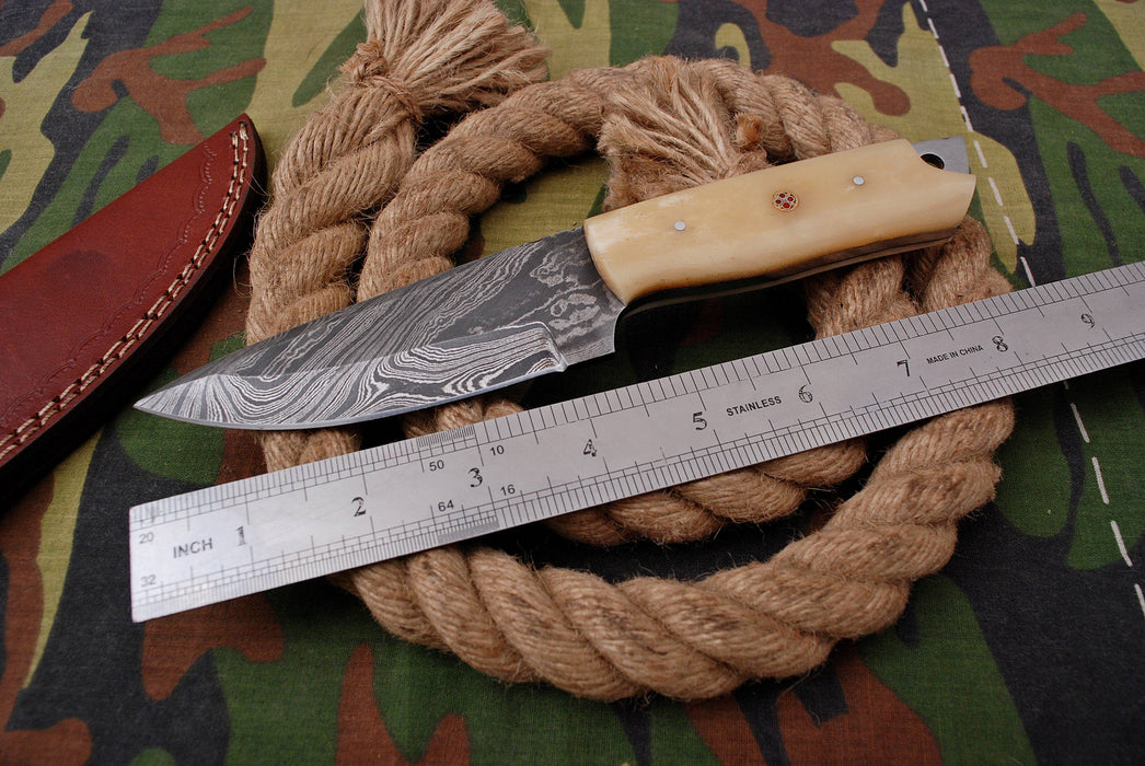 AW-026 "The Plainsman" Handmade Damascus Steel Drop Point Hunting Knife with Genuine Bone Handle and Leather Sheath