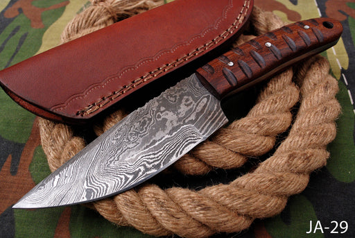 AW-029 "The Rogue River" Handmade Damascus Steel Drop Point Hunting Knife with Carved Dark Wood Handle | aw-29