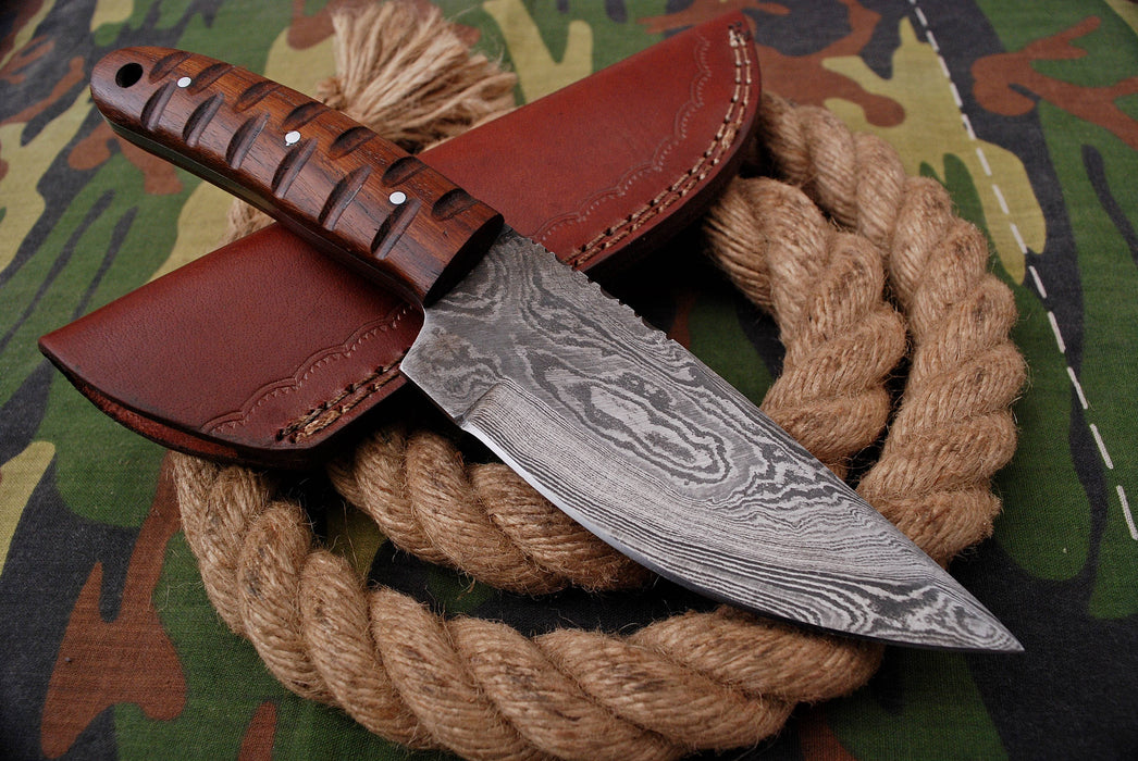 AW-029 "The Rogue River" Handmade Damascus Steel Drop Point Hunting Knife with Carved Dark Wood Handle | aw-29