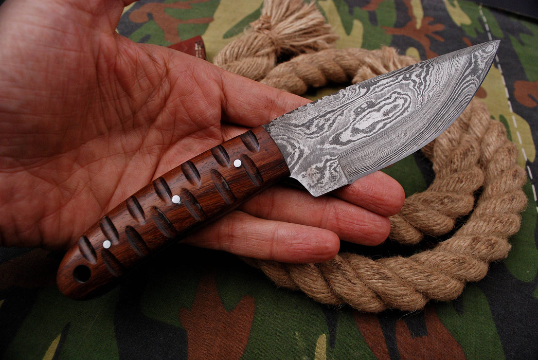 AW-029 "The Rogue River" Handmade Damascus Steel Drop Point Hunting Knife with Carved Dark Wood Handle | aw-29