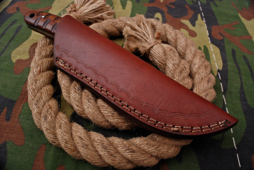 AW-029 "The Rogue River" Handmade Damascus Steel Drop Point Hunting Knife with Carved Dark Wood Handle | aw-29