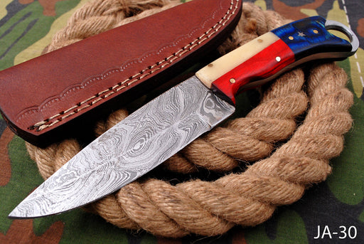 AW-030 "The Lone Star" Handmade Damascus Steel Drop Point Hunting Knife with Texas Flag Handle