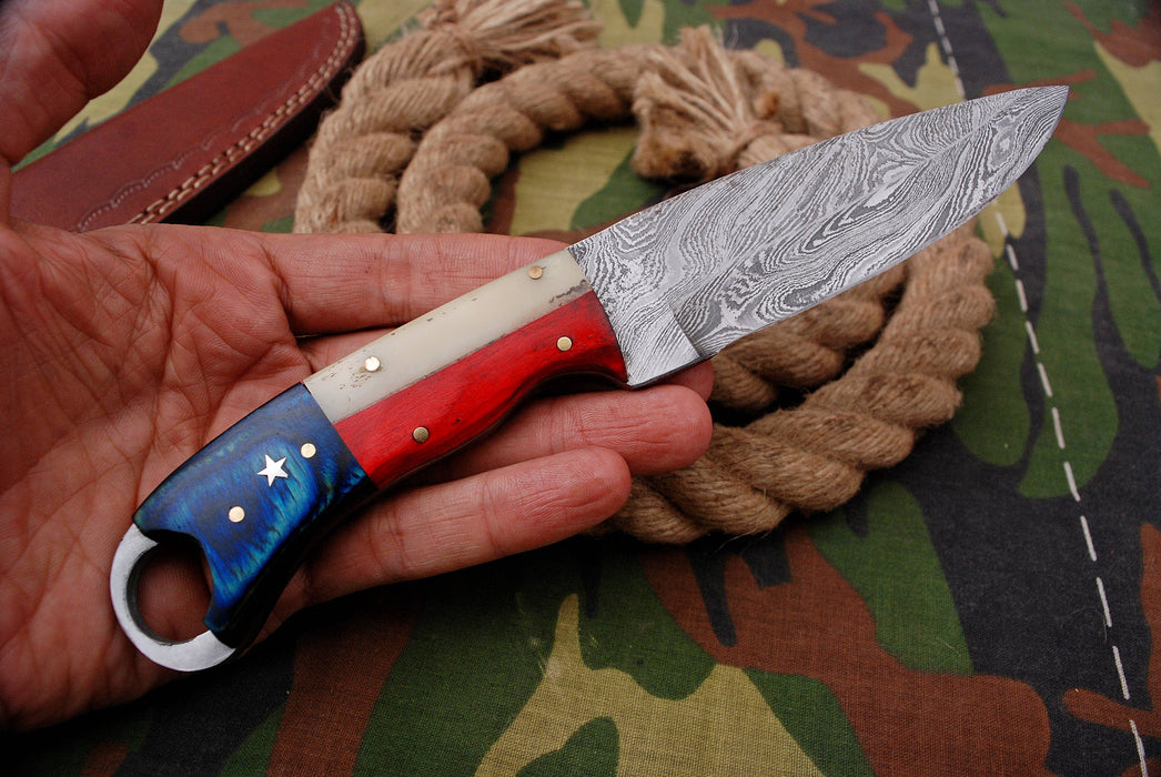 AW-030 "The Lone Star" Handmade Damascus Steel Drop Point Hunting Knife with Texas Flag Handle