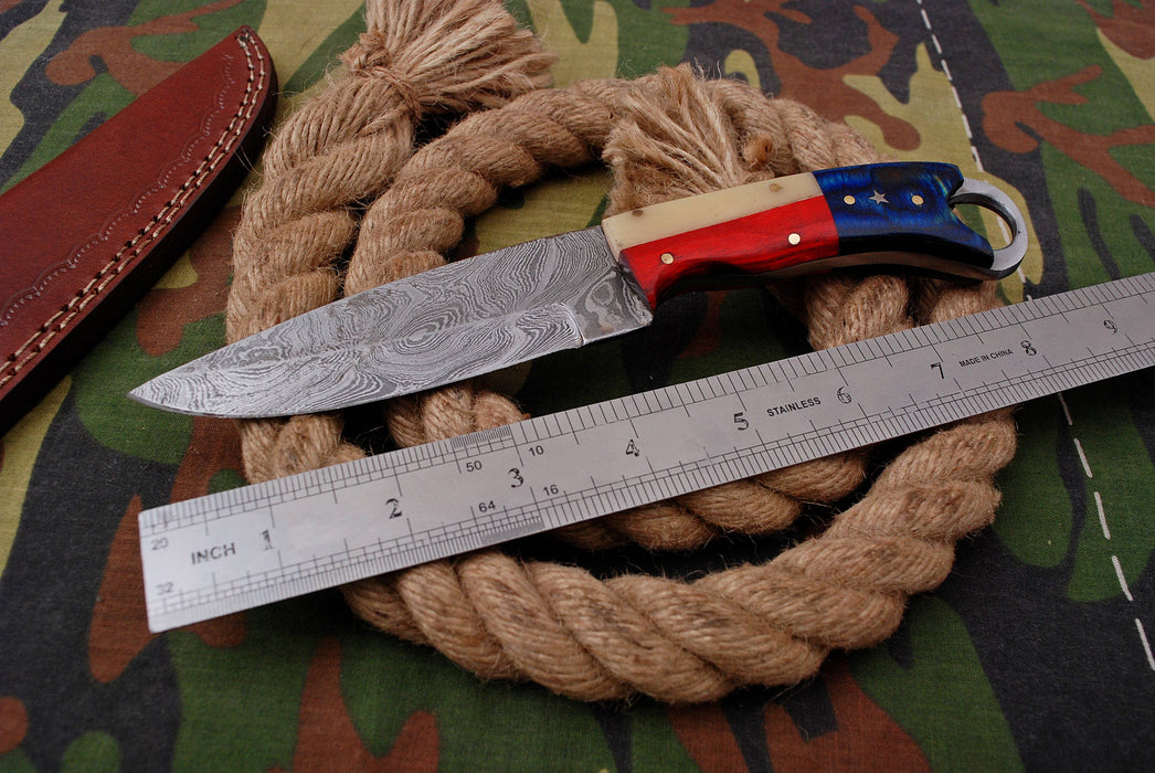 AW-030 "The Lone Star" Handmade Damascus Steel Drop Point Hunting Knife with Texas Flag Handle