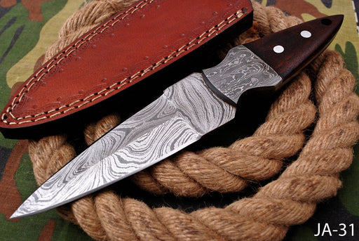 AW-031 "The Shadow Dagger" Handmade Damascus Steel Slim Dagger/Boot Knife with Dark Wood Handle & Leather Sheath