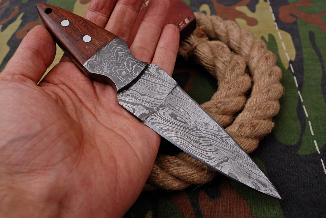 AW-031 "The Shadow Dagger" Handmade Damascus Steel Slim Dagger/Boot Knife with Dark Wood Handle & Leather Sheath