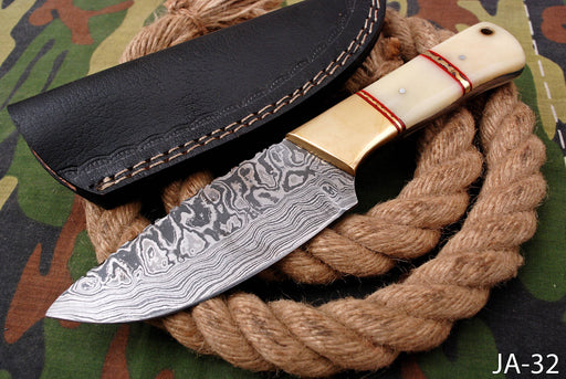 AW-032 "The Guide II" Handmade Damascus Steel Drop Point Hunting Knife with Brass Bolster & White Bone Handle