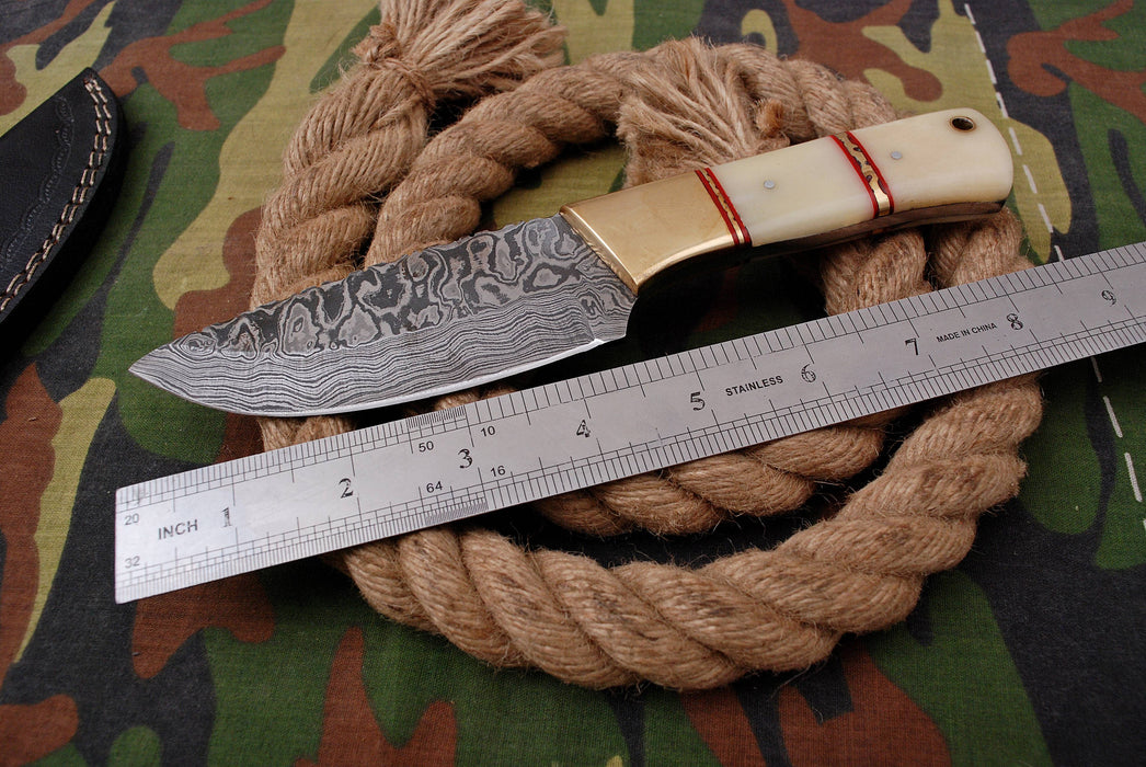 AW-032 "The Guide II" Handmade Damascus Steel Drop Point Hunting Knife with Brass Bolster & White Bone Handle
