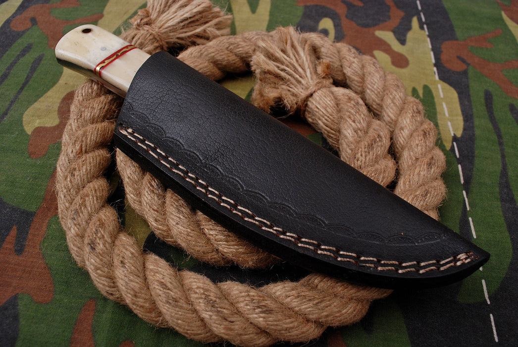 AW-032 "The Guide II" Handmade Damascus Steel Drop Point Hunting Knife with Brass Bolster & White Bone Handle