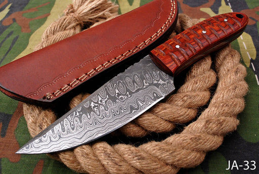 AW-033 "The Sentinel" Handmade Damascus Steel Drop Point Hunting Knife with Contoured Redwood Handle