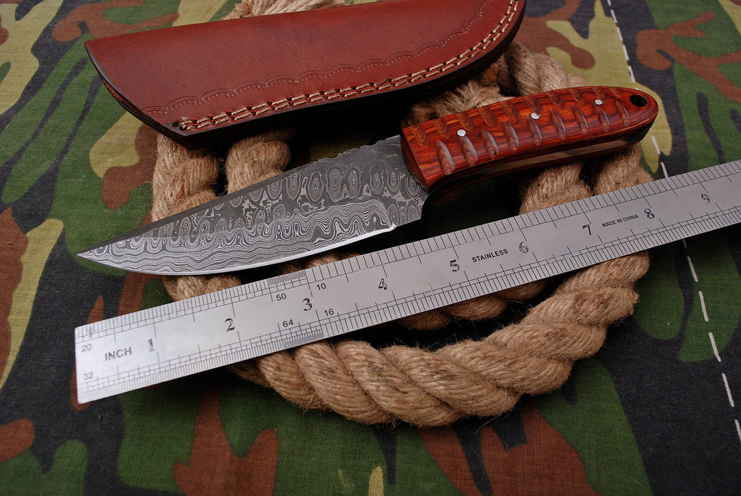 AW-033 "The Sentinel" Handmade Damascus Steel Drop Point Hunting Knife with Contoured Redwood Handle