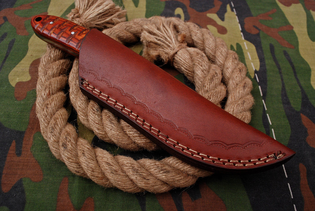 AW-033 "The Sentinel" Handmade Damascus Steel Drop Point Hunting Knife with Contoured Redwood Handle