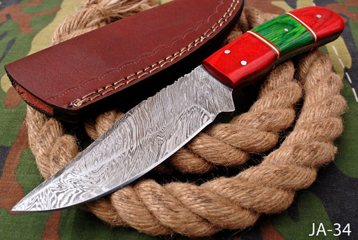 AW-034 "The Woodland" Handmade Damascus Steel Drop Point Hunting Knife with Red & Green Wood Handle