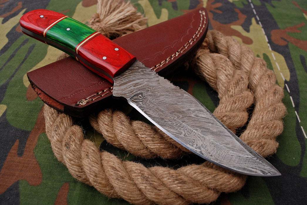 AW-034 "The Woodland" Handmade Damascus Steel Drop Point Hunting Knife with Red & Green Wood Handle