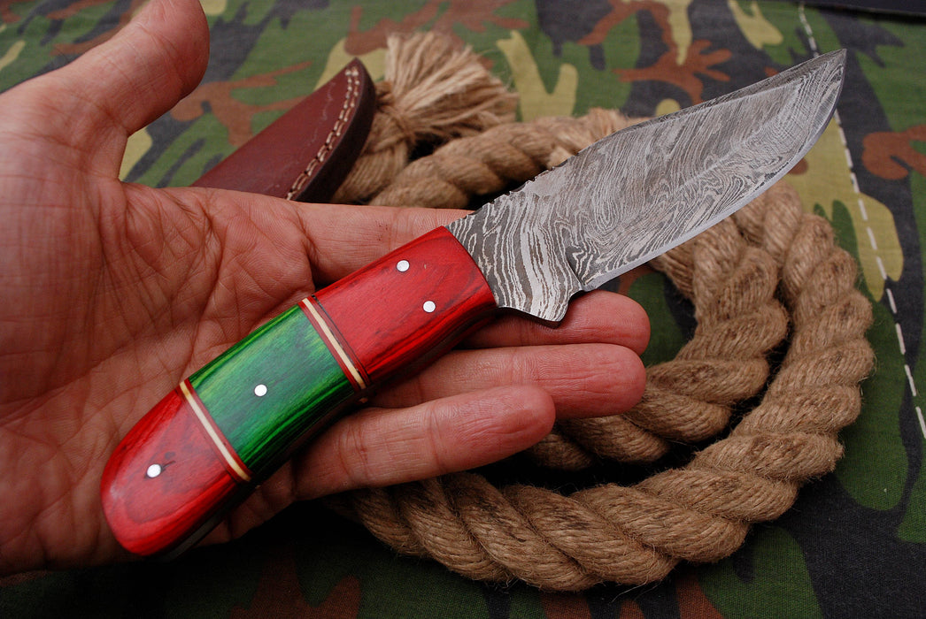 AW-034 "The Woodland" Handmade Damascus Steel Drop Point Hunting Knife with Red & Green Wood Handle