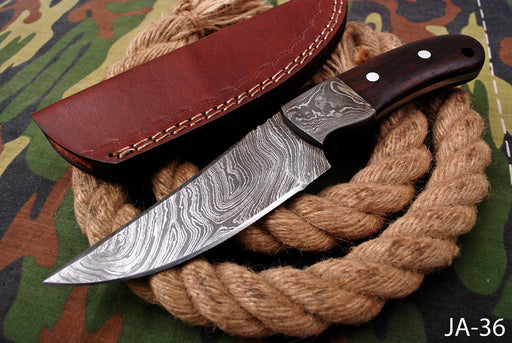 AW-036 "The Tracker" Handmade Damascus Steel Drop Point Hunting Knife with Dark Wood Handle & Leather Sheath