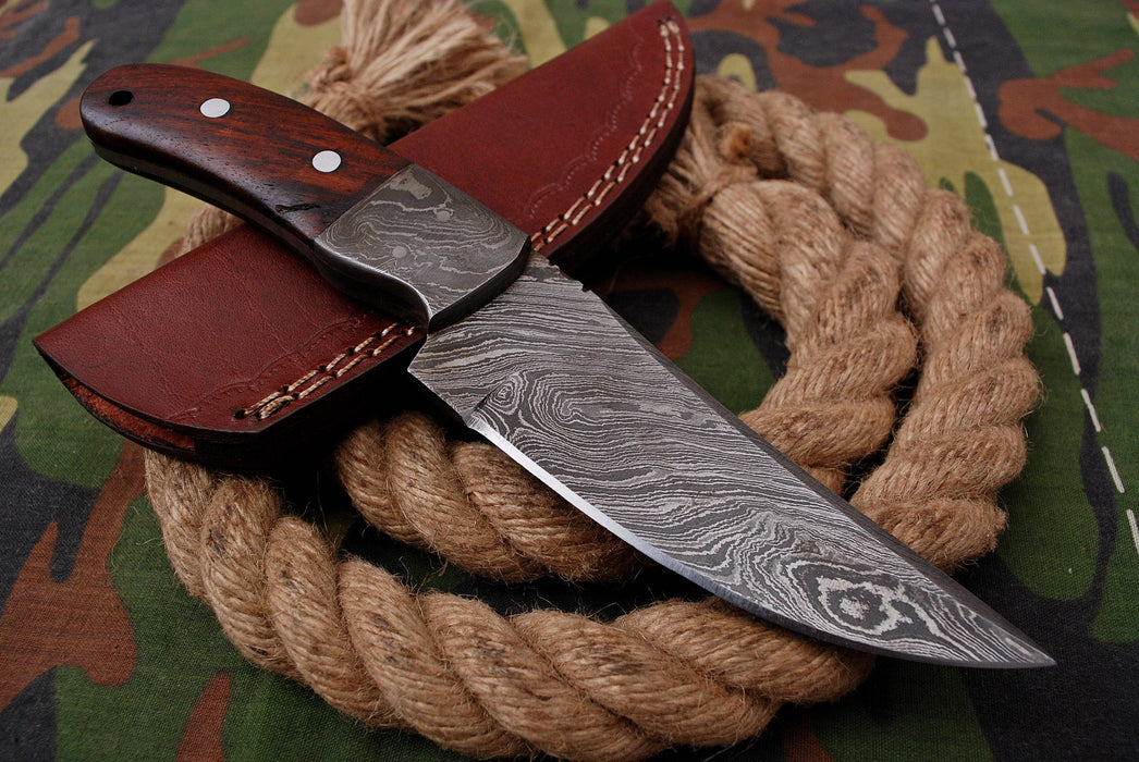 AW-036 "The Tracker" Handmade Damascus Steel Drop Point Hunting Knife with Dark Wood Handle & Leather Sheath