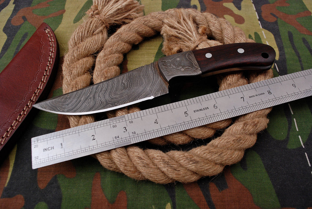AW-036 "The Tracker" Handmade Damascus Steel Drop Point Hunting Knife with Dark Wood Handle & Leather Sheath