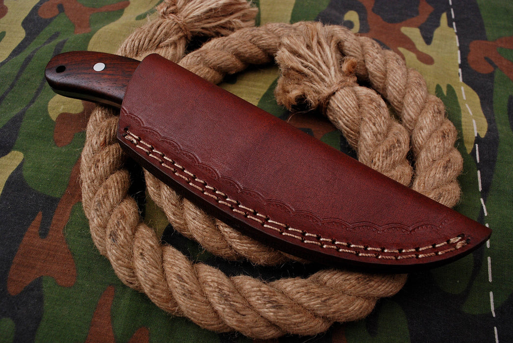 AW-036 "The Tracker" Handmade Damascus Steel Drop Point Hunting Knife with Dark Wood Handle & Leather Sheath