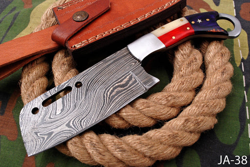 AW-038 "The Freedom Cleaver" Handmade Damascus Steel Mini-Cleaver/Skinner with American Flag Handle