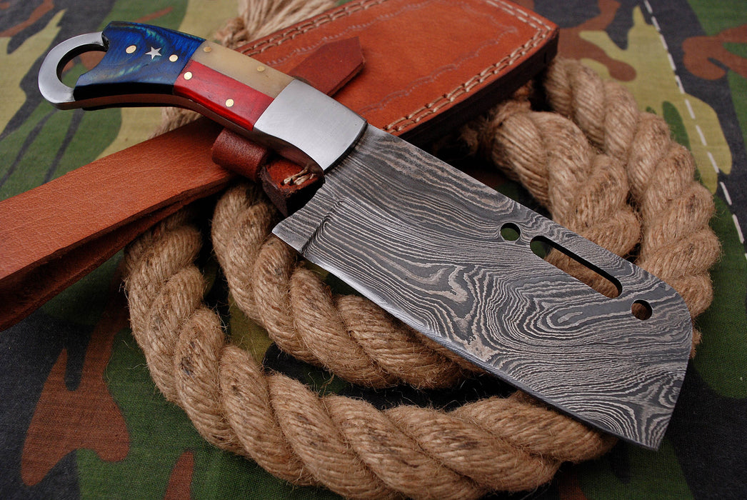 AW-038 "The Freedom Cleaver" Handmade Damascus Steel Mini-Cleaver/Skinner with American Flag Handle