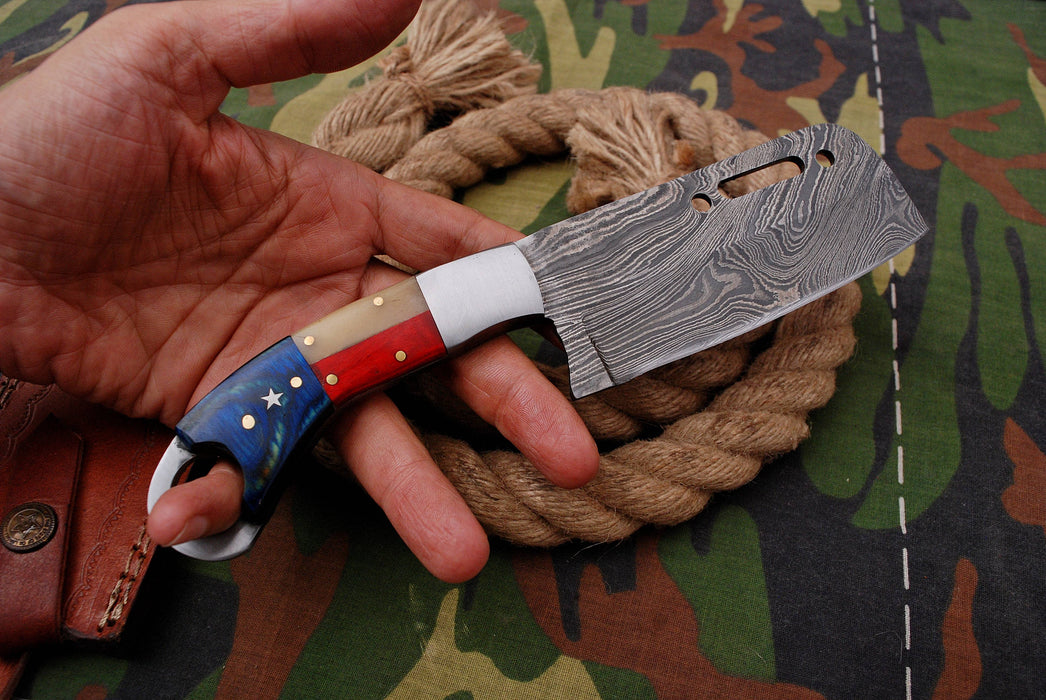 AW-038 "The Freedom Cleaver" Handmade Damascus Steel Mini-Cleaver/Skinner with American Flag Handle