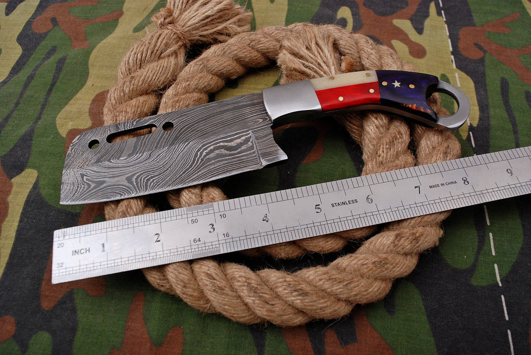 AW-038 "The Freedom Cleaver" Handmade Damascus Steel Mini-Cleaver/Skinner with American Flag Handle