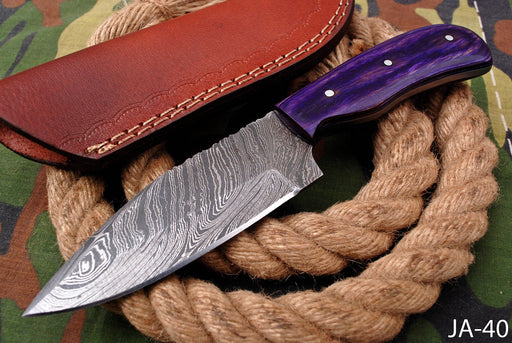 AW-040 "The Purple Rain" Handmade Damascus Steel Drop Point Hunting Knife with Purple Handle & Leather Sheath