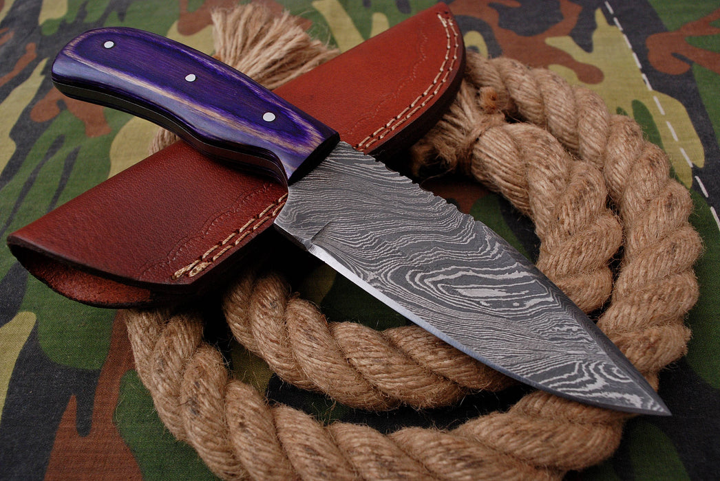 AW-040 "The Purple Rain" Handmade Damascus Steel Drop Point Hunting Knife with Purple Handle & Leather Sheath